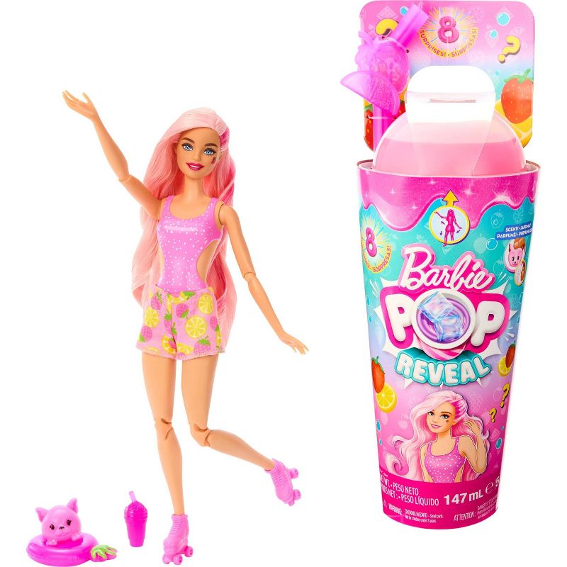 Barbie Pop Reveal Fruit Series Strawberry Lemonade Doll, 8 Surprises Include Pet, Slime, Scent &#38; Color Change, 1 of 6