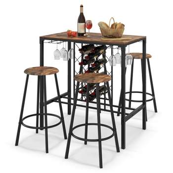 Tangkula 5-Piece Bar Height Dining Set 4-Person Bar Table and Stools Set with Wine Racks & Glass Holders Home Kitchen Breakfast Table Set