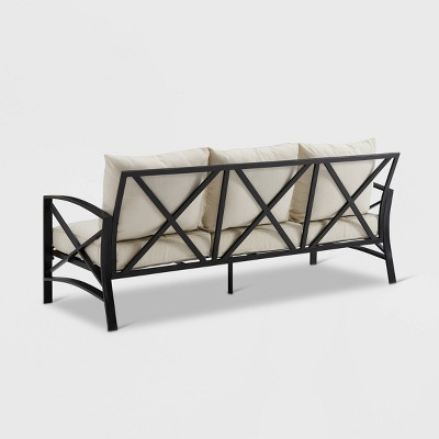 Oatmeal Cushioned Black Metal Three-Seat Outdoor Sofa