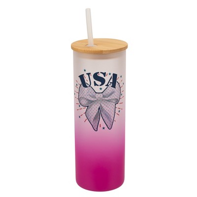 Elanze Designs 25 Ounce Frosted Glass Gradient Travel Tumbler With Straw and Wooden Lid, USA Bow Pink
