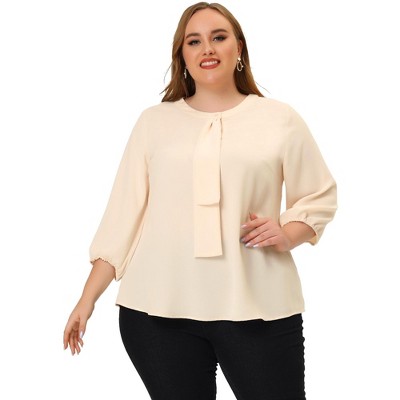 Agnes Orinda Women's Plus Size 3/4 Sleeves Round Neck Ruffle Chiffon Work  Blouse Beige 4X