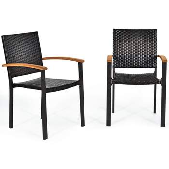 Tangkula Patio Rattan Dining Armchair 2 Set of Wicker Chair W/Steel Frame Acacia Armrests Indoor & Outdoor