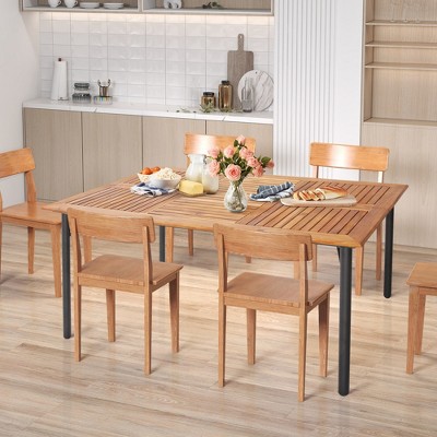 Natural Acacia Wood and Black Metal Outdoor Dining Table with Umbrella Hole