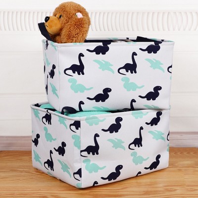 2 Pcs 17.7 x 13.8 x 9.8Inch Cotton Foldable Dinosaur Pattern with Handles Storage Bin Box Blue  - PiccoCasa