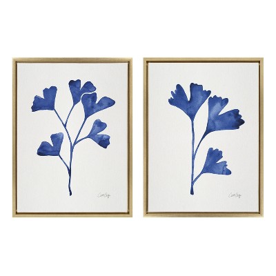 Navy Ginkgo Botanical Canvas Art Set with Gold Frame