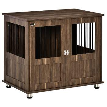 PawHut Dog Crate Furniture, Wooden End Table Furniture with Lockable Magnetic Doors, Small Size Pet Kennel Indoor Animal Cage, Brown