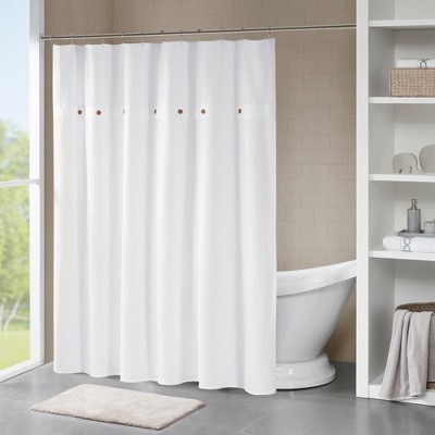 Lucina Cotton Textured Shower Curtain White: Madison Park, Easy Care, Waffle Weave, Machine Washable