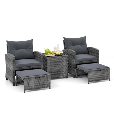 Tangkula 5 PCS Rattan Furniture w/ 2 Ottomans & Tempered Glass Coffee Table Patio