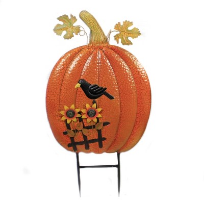 Home & Garden 43.0" Pumpkin & Sunflowers Stake Crow Harvest Halloween Direct Designs International  -  Decorative Garden Stakes