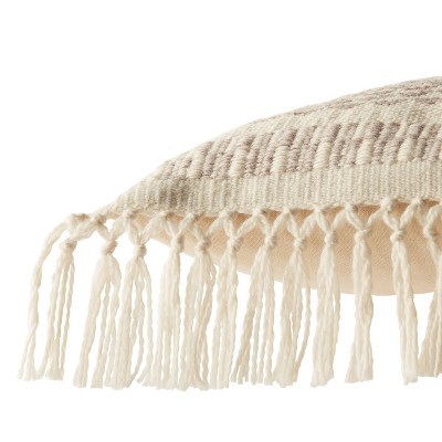 Taupe and Ivory Geometric Polyester Throw Pillow with Tassels