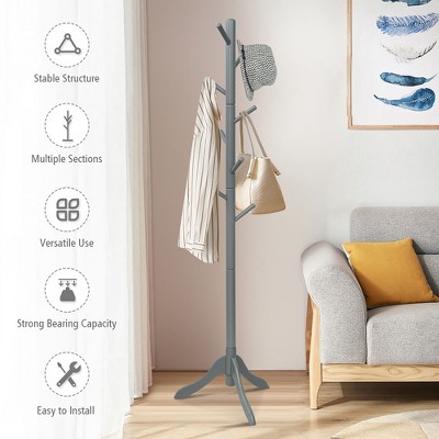 Gray Rubber Wood Adjustable Height Coat Rack with 8 Hooks