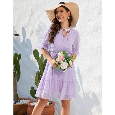 Women Swiss Dot High Waist Short Sleeve V Neck Casual Dress Ruffle Mini  Dress Purple 2XL : Target