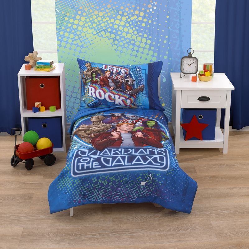 Marvel Guardians of the Galaxy Blue Let's Rock 4 Piece Toddler Bed Set - Comforter, Fitted Bottom Sheet, Flat Top Sheet, and Reversible Pillowcase, 1 of 9