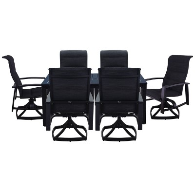 Courtyard Casual Santorini 7 pc 70" Rectangle Motion Dining set  Includes:  One 70" Rectangle Table and Six Padded Swivel Sling Chairs