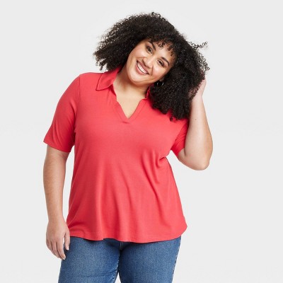 Women's Short Sleeve Ribbed Polo Shirt - Ava & Viv™ Red 2X