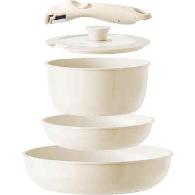 BRINJOY 5-Piece Ceramic Non-Stick Cookware Set, Non-Stick Kitchen Pot Set, Non-Toxic Non-Stick Cookware Set with Removable Handles (Off-White)
