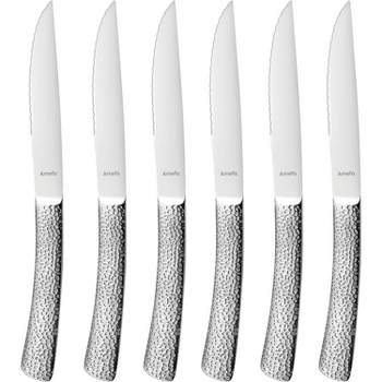 Amefa Bongo Steak Knives, Set of 6, Premium Hardened Stainless Steel, Hammered Ergonomic Handle Design, Micro Serrated Edge 4 Inch Blade Steak Knife