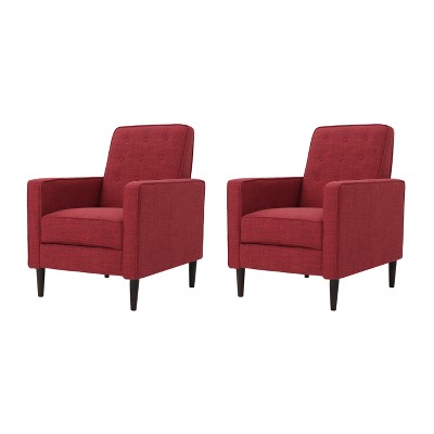 Set of 2 Red Tufted Mid-Century Modern Recliners with Birch Legs