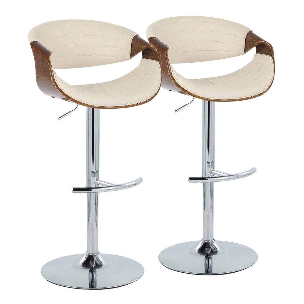 LumiSource Set of 2 Symphony Adjustable Barstools Chrome/Walnut/Cream: Mid-Century Modern, Swivels with Backs, Footrest