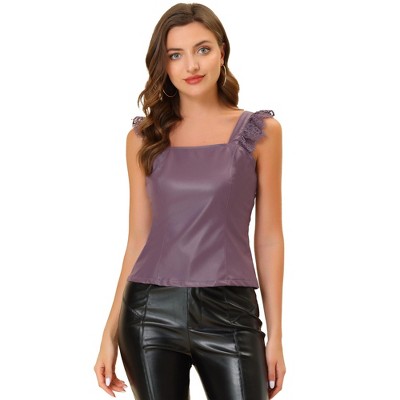 Allegra K Women's Lace Trim Party Faux Leather PU Tank Top