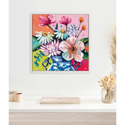 22"x22" White Beaded Frame Colorful Flower Vase Canvas Print