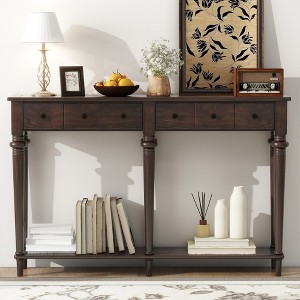 Retro Console Table with 4 Drawers and Open Shelf, perfect for Entryways, Living Rooms, and Hallways - 1 of 4