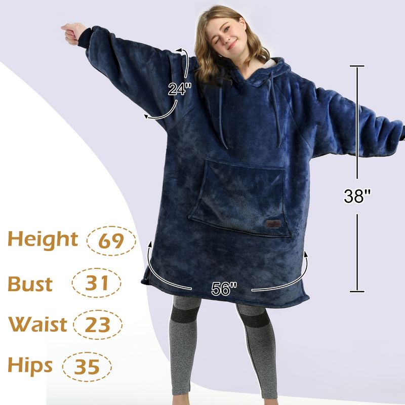 Catalonia Women Fleece Hoodie Sweatshirt Dress, Casual Snuggle Wearable Blanket Pullover Sweater with Kangaroo Pocket, Warm and Soft, Gift for Women, 3 of 7