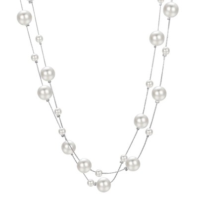 Silver multi-strand imitation pearl necklace, vintage long white pearl necklace