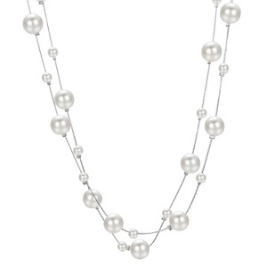 Silver multi-strand imitation pearl necklace, vintage long white pearl necklace - 1 of 4