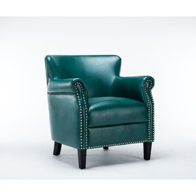 Teal Leather Accent Chair with Wood Frame
