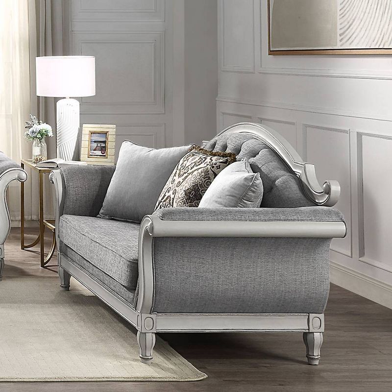 71&#34; Florian Sofa Gray Fabric and Antique White Finish - Acme Furniture, 1 of 10