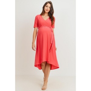 Hello Miz Women's Hi-Low Short Sleeve V Neck Maternity Wrap Dress with Belt - 1 of 4