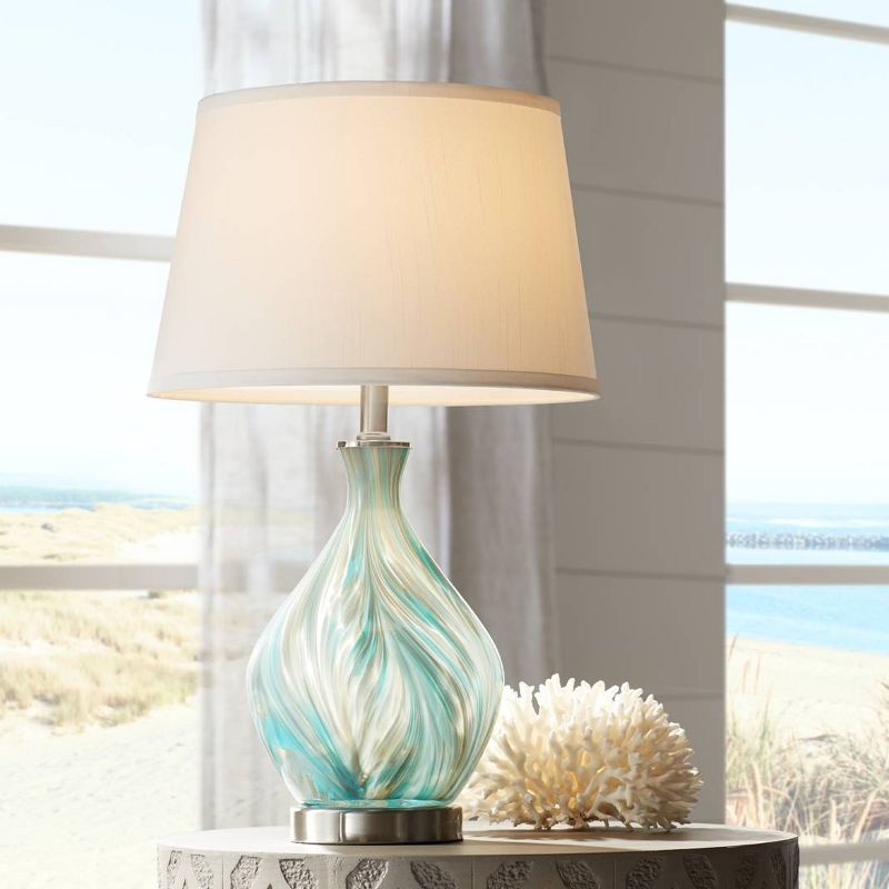 360 Lighting Cirrus Modern Accent Table Lamp 22" High Blue Gray Glazed Art Glass Off White Drum Shade for Bedroom Living Room Bedside Nightstand Kids, 2 of 10