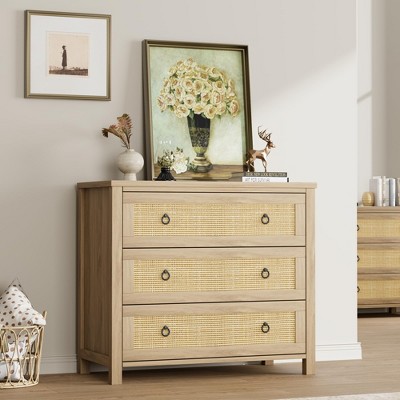 Rattan 3 Dresser for Bedroom, 29" Tall Dresser, Boho Tall Drawer Dresser with Storage, Wooden Closet Dressers Chest of Drawers