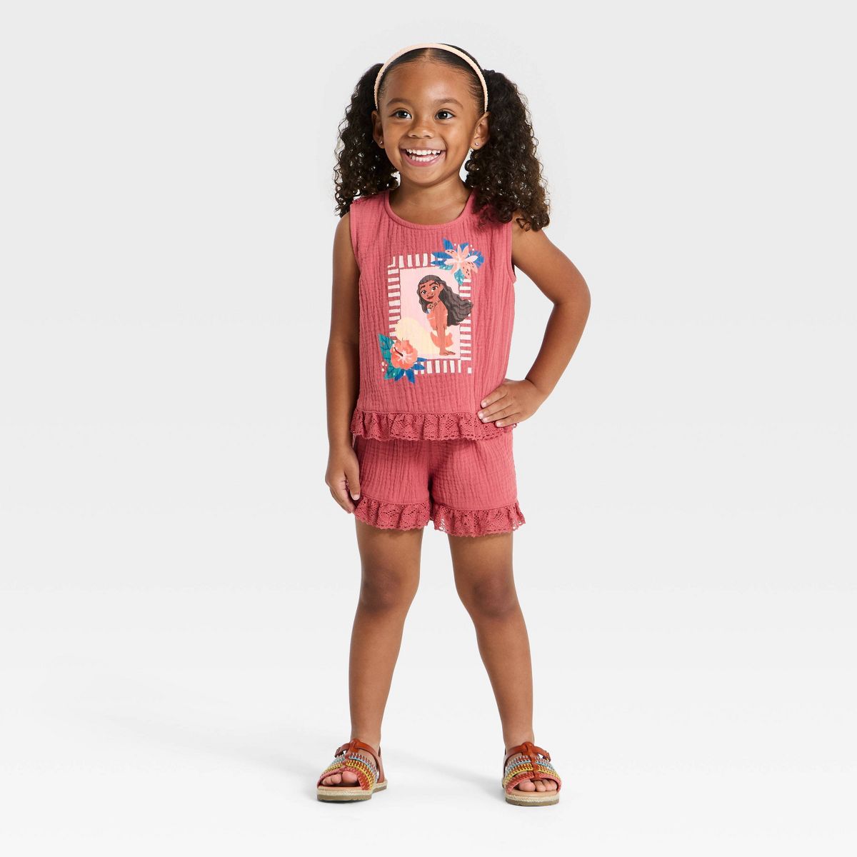 Toddler Girls' 2pc Disney Moana Ruffle Gauze Tank and Shorts Set - Mauve