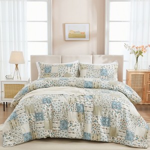 Cotton Duvet Cover Set – 100% Washed Cotton Reversible Floral Bedding with Zipper Closure, Soft Breathable 3-Piece Set - 1 of 4