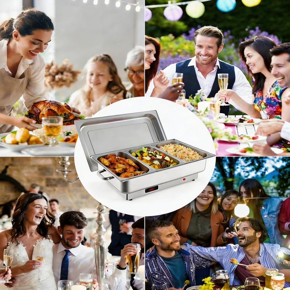 Electric Chafing Dish Buffet, 3 × 3 QT Food Warmer with Stainless Steel Lid, 400W Temperature Control 86-200°F Chafer For Catering Parties - thumbnail 4