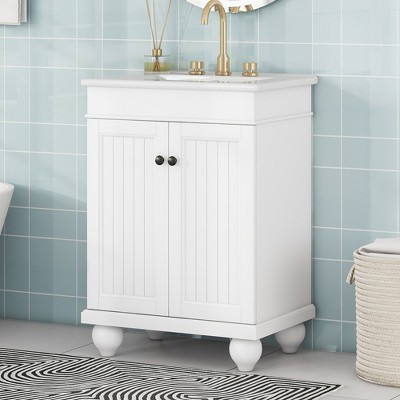 TIRAMISUBEST 24" White Modern Sleek Bathroom Vanity Elegant Ceramic Sink with Solid Wood Frame, Adjustable Shelf
