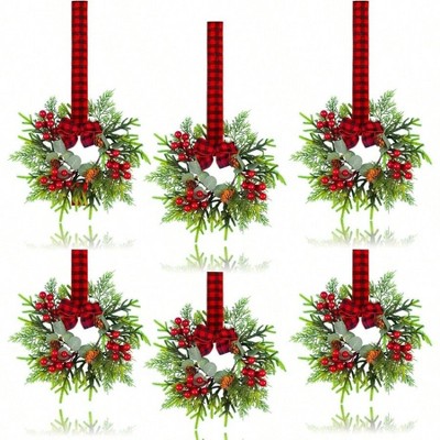 6 Pcs Small Wreath Red Berry Pine Eucalyptus Wreaths for Door Kitchen Cabinet Window Fireplace Decor Red and Green Color