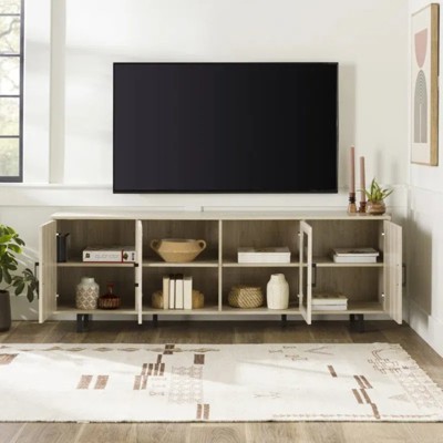 GDFStudio Orlando Modern 4-Door Herringbone Wood and Glass 70" TV Stand with Adjustable Shelves
