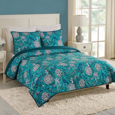 Turquoise Floral and Peacock King Microfiber Quilt Set