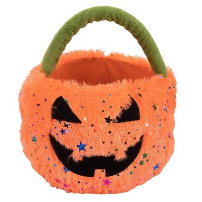 Tadpoles Plush Jack-O-Lantern Trick or Treat Basket for Halloween, Pumpkin Bucket for Candy, Orange, 13.8 x 12.2 inches