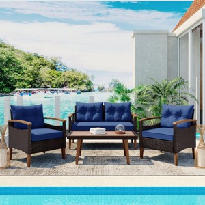 4-Piece Outdoor Patio Conversation Set, PE Rattan Garden Furniture Patio Couch Set with Acacia Wood Table, Armrests chairs–Maison Boucle - 1 of 4