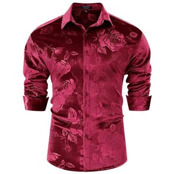 Men's Christmas Rose Print Long Sleeve Button Down Shirt Dress Wedding Party Shirt Wine Red 2XL
