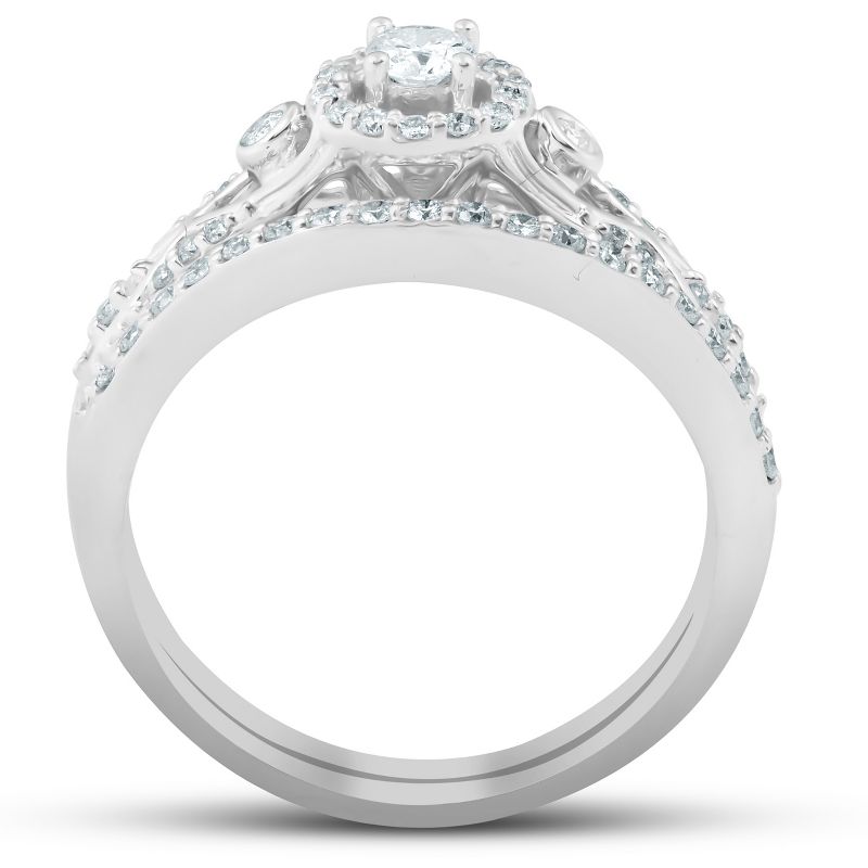 Pompeii3 1/2 Ct Halo Round Diamond Vintage Engagement Wedding Ring Set 10k White Gold, 2 of 5