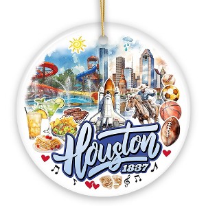 Artistic Houston Ceramic Ornament, Texas Souvenir with Vintage City Elements and Space Shuttle| OrnamentallyYou - 1 of 4