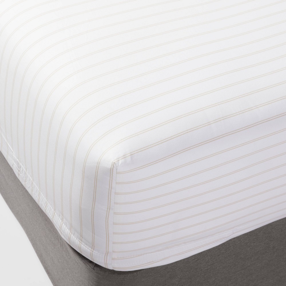 Queen 300 Thread Count Ultra Soft Printed Fitted Sheet Khaki Stripe - Threshold™