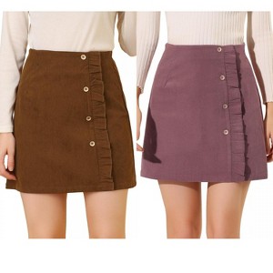 INSPIRE CHIC Women's Corduroy Vintage Button Decor Ruffled Trim High Waist Mini Skirt 2 Packs - 1 of 4