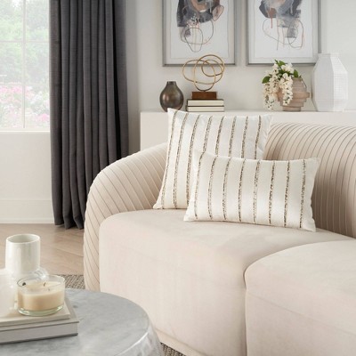 Ivory Beaded Striped Cotton Blend Lumbar Pillow