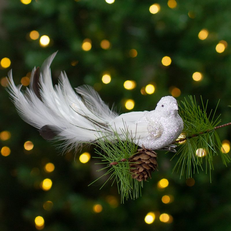 Northlight Glittered Bird with Feather Tail Clip-on Christmas Ornament - 8" - White and Black, 2 of 7